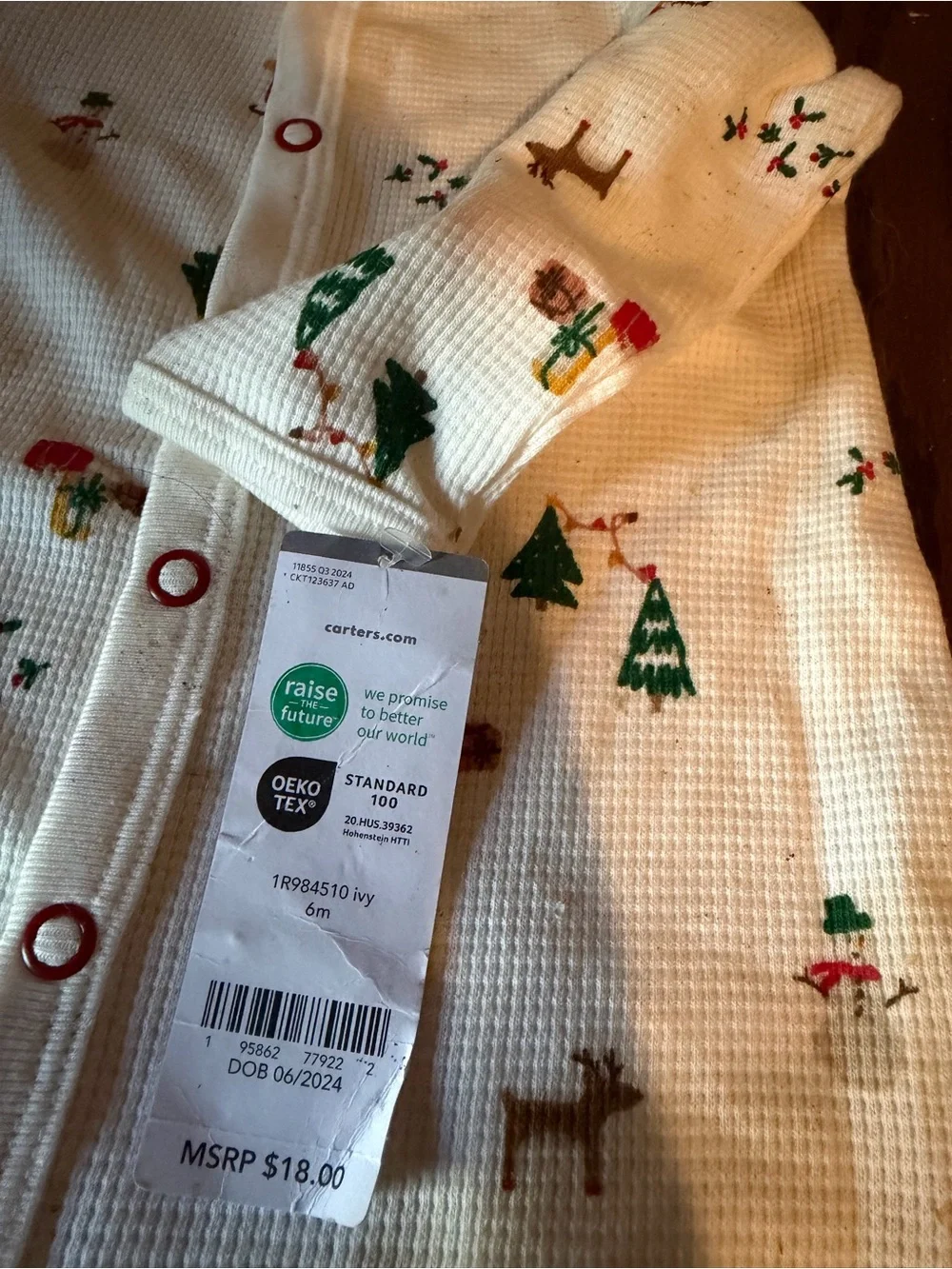 Carter's Cream Holiday Print Snug-Fit Footie with Red Snap Accents